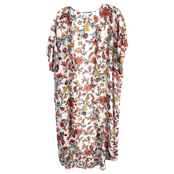 Boutique Plus Size 1X Kimono Floral White Peach Open Front Long Chiffon 857 - Picture 1 of 10